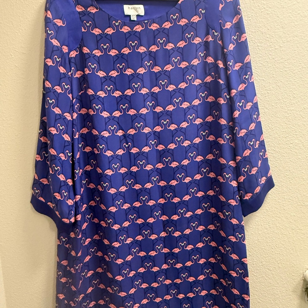 Anthropologie Blue and Pink Flamingo Long Sleeve Dress